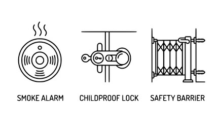 Obraz premium Home Safety Icons: Smoke Alarm, Childproof Lock, Safety Barrier - Line Art