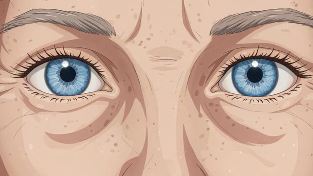 Intense Gaze: A close-up shot focuses on a pair of piercing blue eyes, framed by detailed facial features, reflecting an intense focus.