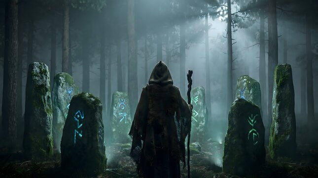 Mysterious Druid Ritual in Dark Forest with Glowing Rune Stones