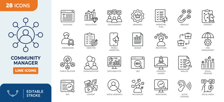 Community manager icon set. Editable stroke. Vector illustration