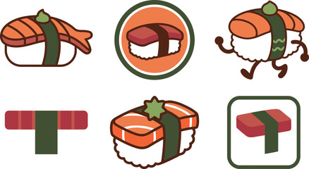 Cartoon sushi pieces with green seaweed and rice various shapes and designs © vector