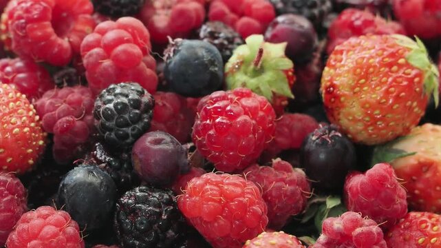 Various fresh summer berries backgrounds. Strawberry, blueberry, raspberry red currant and blackberry mix. Top view, flat lay.