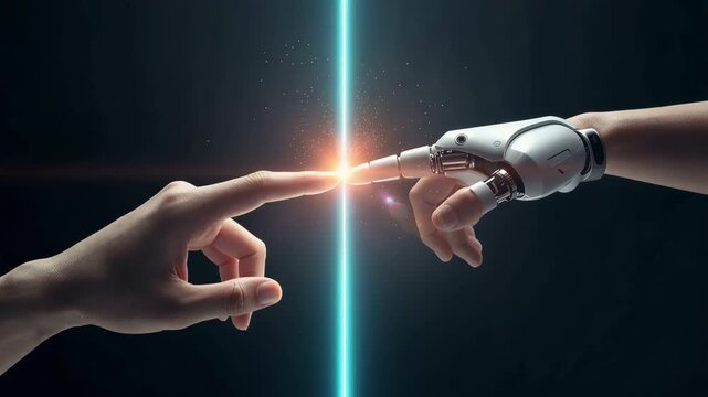 暗い背景の発光バリア越しに日本人の指とロボットが触れる