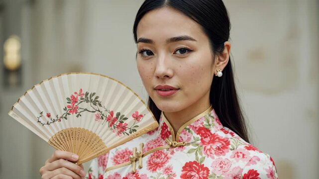 Elegant Beauty in Traditional Attire: A striking young woman, adorned in a vibrant floral dress, exudes poise as she holds a delicate fan.