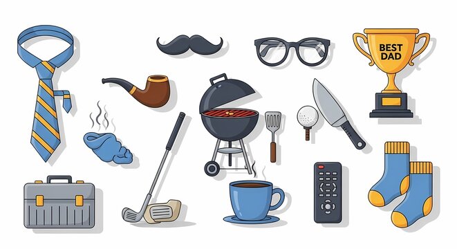 Fathers day objects set vector illustration isolated white background