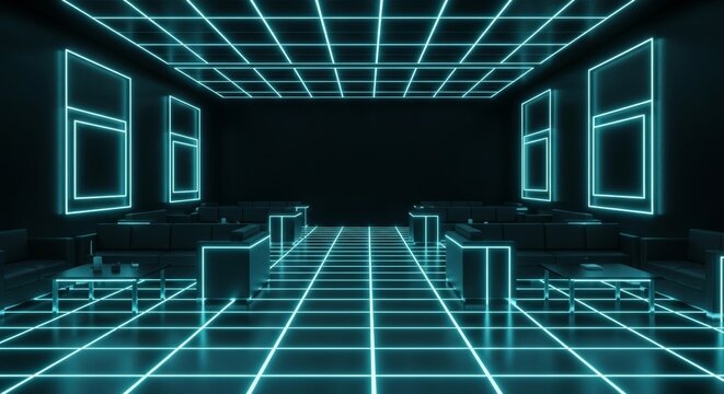 Futuristic lounge interior featuring neon cyan glowing grids on dark floors and walls with sleek minimalist furniture in a dim setting, abstract, futuristic, environment