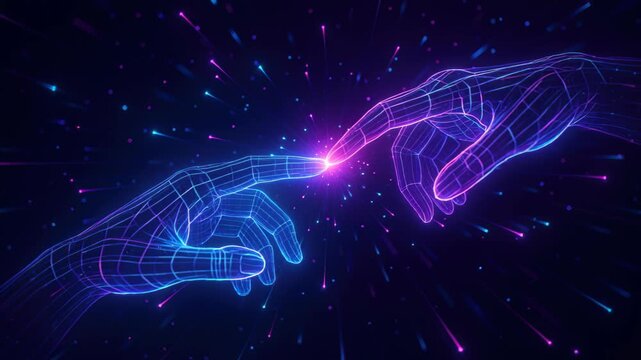 Digital Connection: Two stylized digital hands, rendered in vibrant neon, reaching towards each other with a spark of energy in a cosmic background.