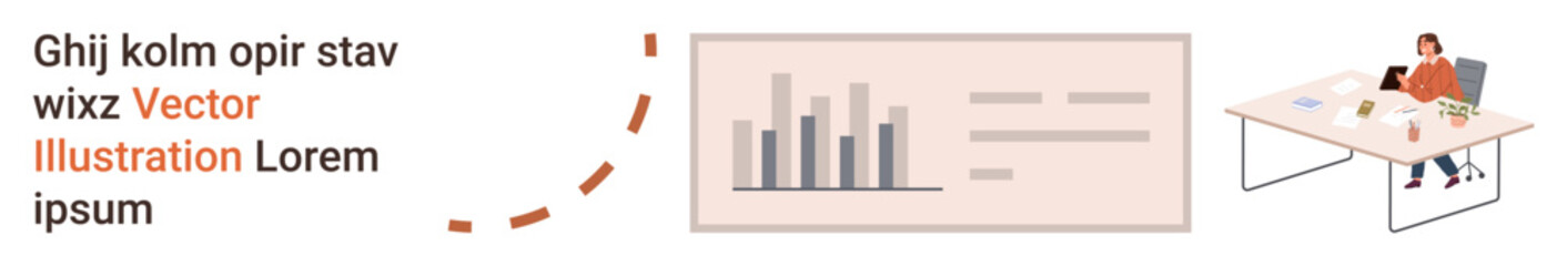 Fototapeta premium Data visualization, business planning, remote work, office tasks, analytics, digital communication. Chart with bar graphs and woman at desk using laptop. Data visualization and business planning
