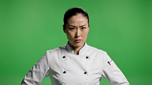 Serious Female Chef in White Uniform with Green Screen Background.