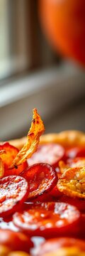 Golden pepperoni crisps, glistening with spicy oils, stand in relief against a vibrant red sauce bloom Crisp edges tempt,  spicy,  high-key