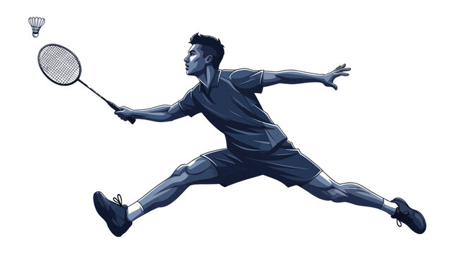 Badminton player in action, dynamic pose, hitting shuttlecock with racket, white background