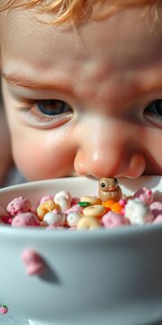 Close-up on a cherubic face, a symphony of pastel food splatters, eyes laser-focused on the prize within a white bowl, a tiny conqueror of sustenance,  pastel splatters,  dreamy textures