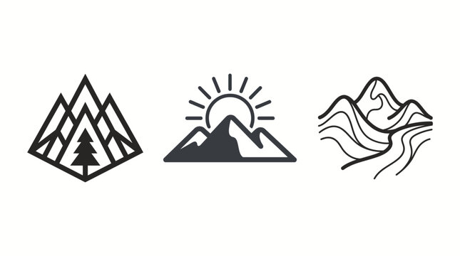 Mountain landscape vector icons set with sun and trees, outdoor adventure symbols.