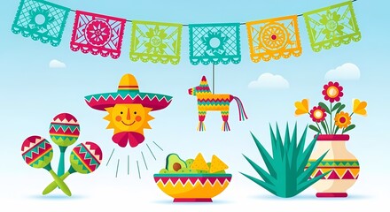 Obraz premium Festive mexican celebration illustration with maracas pinata and colorful decorations