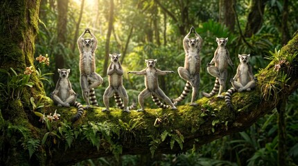 Fototapeta premium Lemurs on tree branch, tropical forest scene, wildlife photography, exotic animals, green foliage background