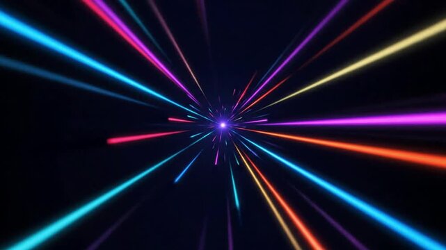 Dynamic abstract background with colorful light rays depicting high-speed digital data transfer, global network communication, and futuristic internet technology.