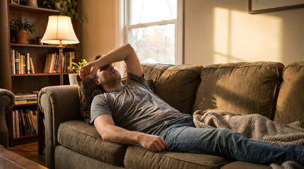 Obraz premium Man rests on a plush brown sofa in a sunlit living room with warm golden hour light filtering through the window, creating a serene and cozy atmosphere for relaxation.