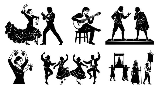 Silhouettes of Spanish culture and traditions including flamenco dancers and musicians.