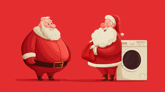 Two Santa Claus characters in a laundry room, humorous domestic holiday lifestyle delivery, Christmas service and help concept