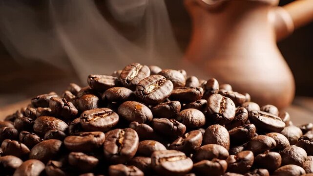 Aromatic Coffee Beans Pile with Steaming Turkish Coffee Pot Background.
