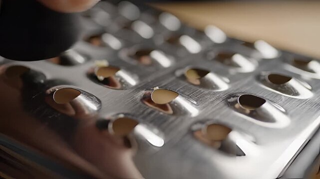 Close up of a metal grater with food being grated.