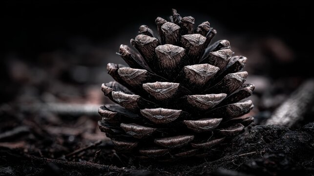 A Dried Skeletal Pinecone with Sharp Scales Rests on the Forest Floor