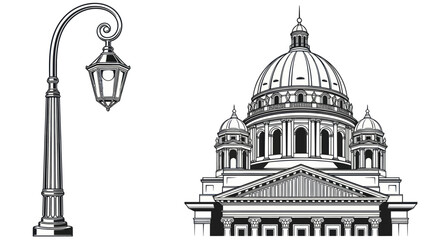 Fototapeta premium Vintage Lamppost and Classical Architecture Building Facade, Black and White Sketch