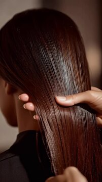 Close-up of healthy shiny brunette hair being smoothed and styled with serum or oil for a luxurious beauty treatment or haircare routine