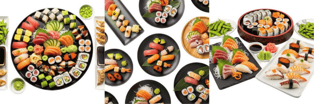 Mixed catering appetizers food snacks top view isolated transparent PNG.