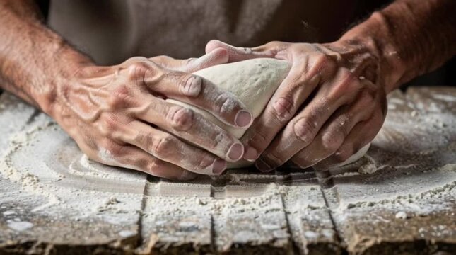 Baker hands kneading fresh bread dough on rustic wooden table