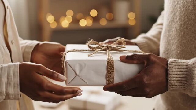 Two people exchanging a gift box wrapped in paper and twine, close-up shot for holiday marketing background