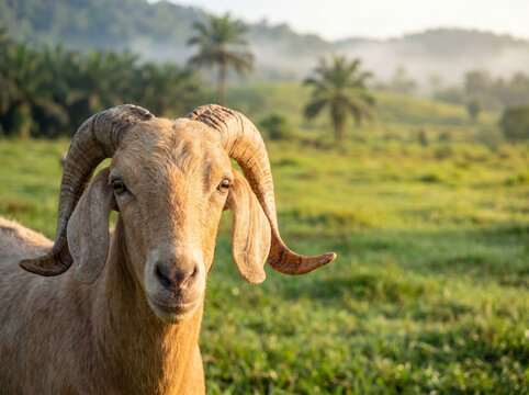ortrait of Jamnapari Goat in Tropical Countryside During Golden Hour