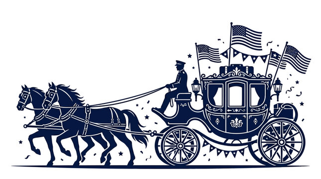 A festive carriage pulled by two horses decorated with American flags.