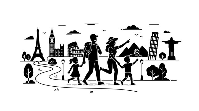 A family of four traveling together as silhouettes against world famous landmark icons.