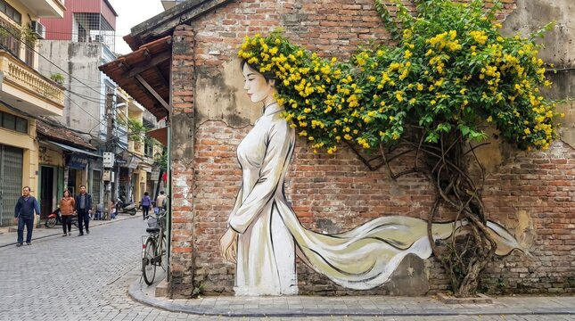 Hanoi street art mural portraying woman in ao dai