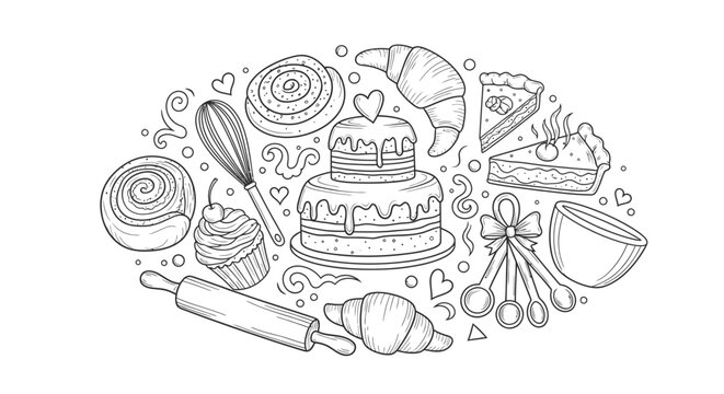 Hand drawn bakery items and tools doodle set on white