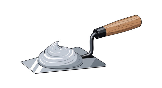 An illustration shows a metal trowel with a wooden handle and a dollop of gray material on its blade.