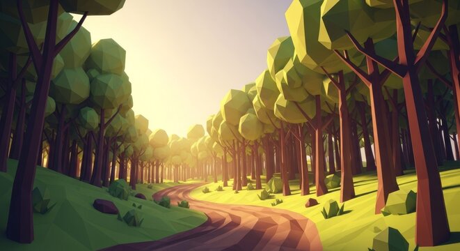 A scenic low poly landscape features a winding dirt road through a dense forest of geometric trees under soft, stylized golden sunlight, digital art, shadows, polygon
