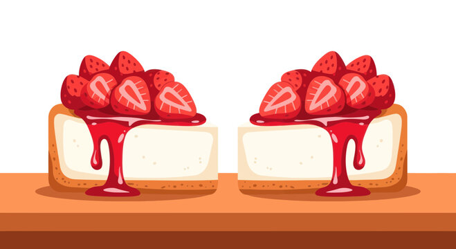 Two Slices of Strawberry Cheesecake with Red Syrup Drip on Wooden Surface