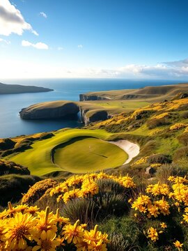 Dramatic Scottish golf hole, yellow gorse blooms, ocean panorama,  clear skies,  spring