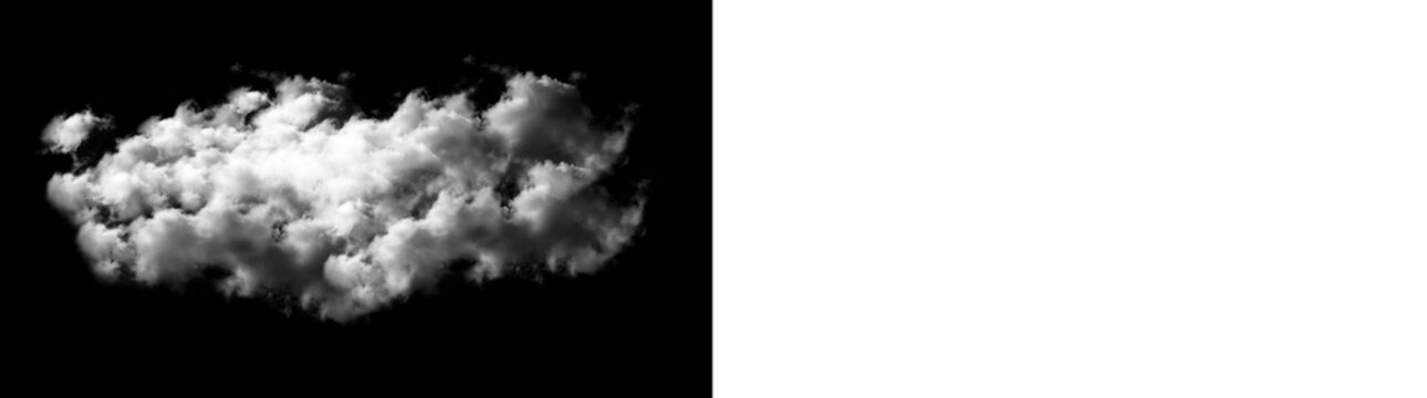 Single white fluffy cloud isolated on black background, realistic cloud shape for design, high resolution cloud texture for compositing and digital art isolated on transparent background