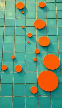 Abstract ochre shapes dance across teal squares, a bold, angled view of pure joy,  dutch angle,  flat lay