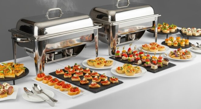 An elegant buffet arrangement featuring polished silver chafing dishes and assorted gourmet appetizers displayed on a clean white tablecloth, catering, still life, brunch
