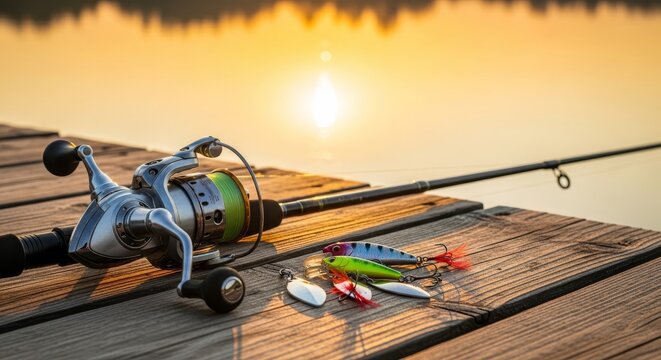 A serene close-up of a professional fishing rod and reel resting on a wooden dock by a calm lake during a golden sunset with bright lures, wood, lure, surface