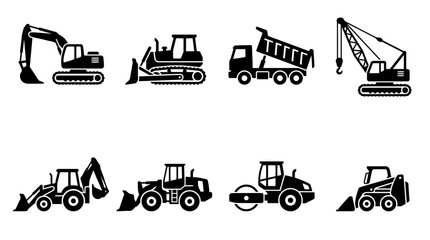 Set of black silhouette icons depicting various heavy construction vehicles and machinery, including excavators, bulldozers, and cranes, on an isolated white background. © yayaya
