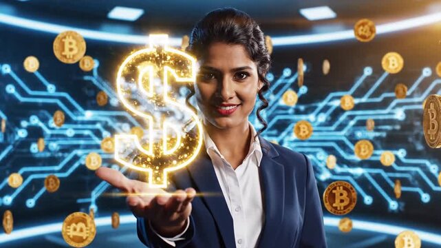Professional entrepreneur holding virtual dollar coin symbol representing stablecoin digital currency and cryptocurrency asset on decentralized blockchain network finance technology concept