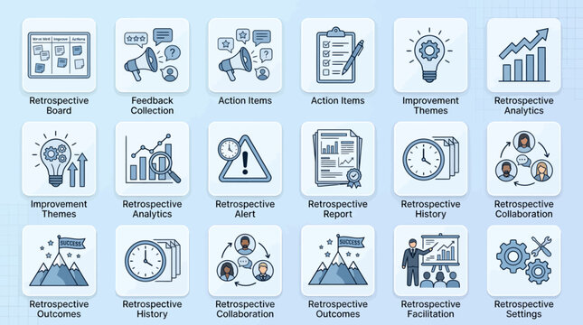 Set of agile scrum retrospective process icons in doodle style.