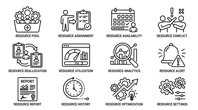 Set of project resource management and planning line icons.