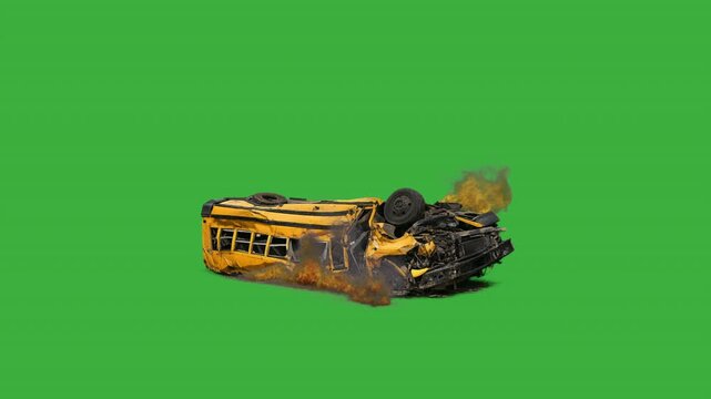 Wrecked school bus upside down on fire green screen