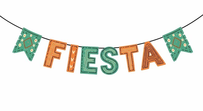 Fiesta banner with colorful lettering and festive flag garland on white background